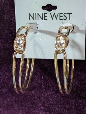 NINE WEST Gold Tone Hoop Clear Rhinestone Post Pierced Earrings Lever Back NWT